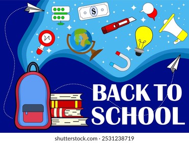 Back to school concept template design. With a blue background design with school bags, paper airplanes and stationery elements. time to go back to school. education