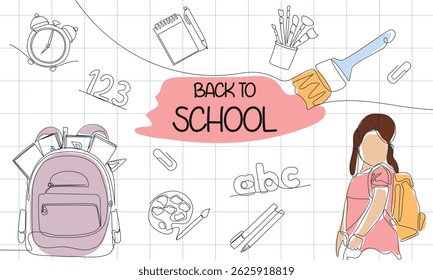 Back to school concept template design. With a linear design style. white background design with school bag and stationery elements. time to go back to school. education