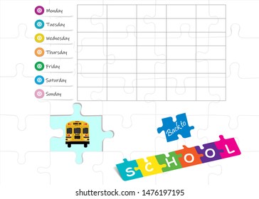 Back to school concept template with empty weekly planner ready for your text. Blank white puzzle pieces are in the background.
