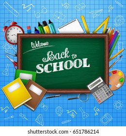 Back to school concept with text on chalkboard