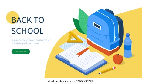 Back to school concept with text place. Can use for web banner, infographics, hero images. Flat isometric vector illustration isolated on white background.