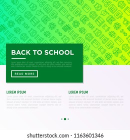 Back to school concept with thin line icons: backpack, bell, book, microscope, knowledge, owl, graduation cap, bus, chemistry, mathematics, biology, exam. Modern vector illustration.