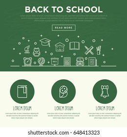 Back to school concept with thin line icons. White chalk on a green school board. Vector illustration.