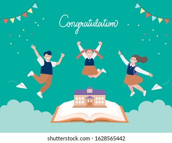 Back to school concept. Three students in school uniform jump on a book and school for admission. Flat cartoon vector graphic illustration