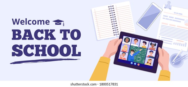 Back to school concept. Top view of a boy learning with tablet at home. Vector