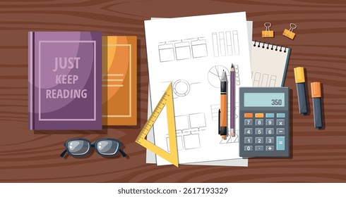 Back to school concept. Top view photo of school supplies calculator, paper, glasses, ruler, pen, book and marker pens on table