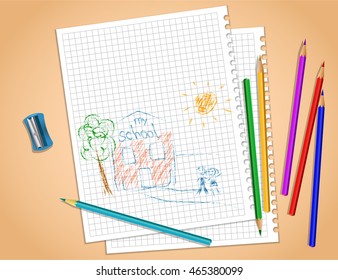 Back to school concept, top view. Sheet of paper with pencils template with place for your text. Editable design for your ideas. Kids drawing background. Vector illustration