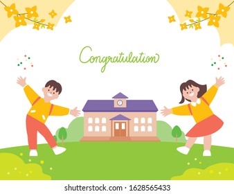 Back to school concept. 
Two young boy and girl students are welcoming with open hands in front of school and forsythia. Flat cartoon vector graphic illustration