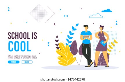 Back to school concept vector banner design with colorful funny school characters. It Is cool. Happy students with books . Man and woman went study in university. Creative education.