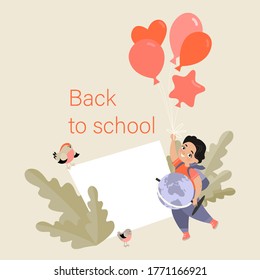 Back to school concept. Vector banner template with a little boy with a backpack and a globe flying up to the sky holding balloons. Flat style image