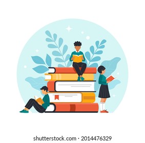 Back to school concept. Vector cartoon illustration in flat style of stack of books and three school children reading books around. Isolated on light blue background with leaves