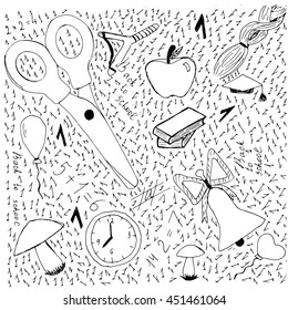 Back to school concept. Vector handdrawn illustration on a white background. Creative abstract background. Black doodles in childish style