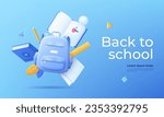 Back to school concept vector illustration. Student backpack and flying supplies 3D cartoon composition. Education and pupils learning items. Creative idea for website, mobile, presentation