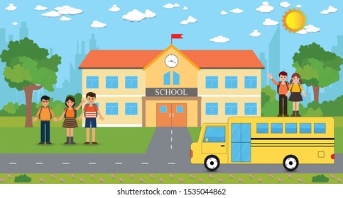 Back to school concept, Vector illustration of School building and students with satchels on shoulders and school bus 