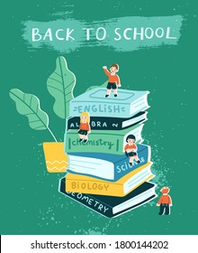 Back to school concept. Vector illustration of a big pile of books and students climbing it in cute cartoon style. Can be used for a poster, banner or a cover.