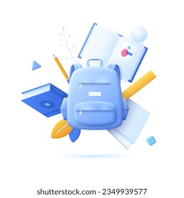 Back to school concept vector illustration. Student backpack and flying supplies 3D cartoon composition. Education and pupils learning items. Creative idea for website, mobile, presentation