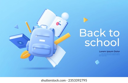 Back to school concept vector illustration. Student backpack and flying supplies 3D cartoon composition. Education and pupils learning items. Creative idea for website, mobile, presentation