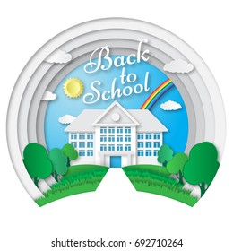 Back to school concept vector illustration. Paper art poster design with school building, nature and signs. Paper cut shapes style illustration