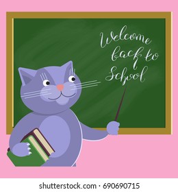 Back to school concept. Vector isolated illustration of funny cat and brush lettering. eps10