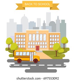 Back to school concept vector poster. School bus with building on background. City primary and high school. Education banner in flat cartoon style.