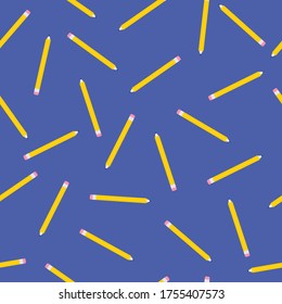 Back to school concept. Vector seamless pattern with pencils on blue background. Stationery equipment backdrop. Trendy wallpaper design
