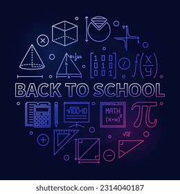 Back to School concept vector thin line round colored banner. Math illustration with dark background