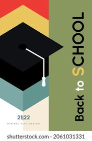 Back to school concept. Vertical template with graduate hat, geometric shapes and inscription. Poster for social networks covers. Cartoon modern flat vector illustration isolated on white background