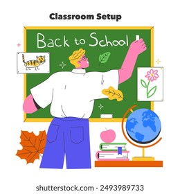 Back to School concept. A vibrant classroom setup with student readying the blackboard. Autumn leaves and educational elements. Vector illustration.