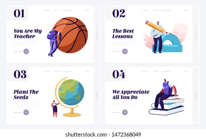 Back to School Concept for Website Landing Page Set. Teachers with Educational Tools. Geography Physical Culture Mathematics Literature Language Web Page Banner. Cartoon Flat Vector Illustration