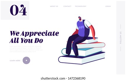 Back to School Concept for Website Landing Page. Male Teacher Character Sitting on Pile of Books in Class Room Conducting Lesson. Education Process Web Page Banner. Cartoon Flat Vector Illustration