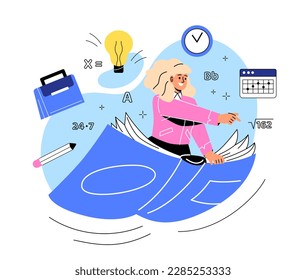 Back to school concept. Woman with notebook or textbook and math formulas. Education, learning and training. Schoolgirl or student with idea and school supplies. Cartoon flat vector illustration