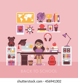 Back to school concept with workspace for girl. Child room interior with desk