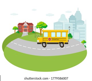 Back to school concept. A yellow school bus is driving on the way to school. Beautiful cityscape on background