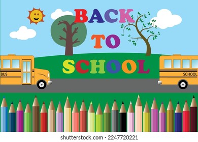 De vuelta al concepto escolar, el autobús escolar amarillo en el fondo de la naturaleza.