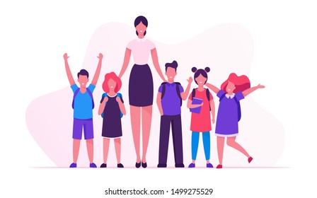 Back to School Concept with Young Smiling Woman Teacher and Group of Kids Stand in Row in Classroom. Elementary School Class, Preschool Studying. Happy Smiley Children Cartoon Flat Vector Illustration