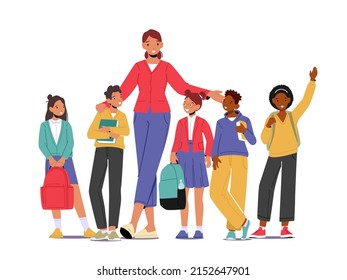 Back to School Concept with Young Smiling Woman Teacher and Group of Kids Stand in Row in Classroom. Elementary School Class, Preschool Studying. Happy Smiley Children Cartoon Flat Vector Illustration