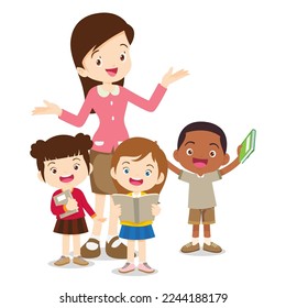 De vuelta al concepto escolar con jóvenes sonrientesProfesores y grupos de niños se enfrentan en clase. Clase de Escuela Primaria, Estudios de Preescolar. Niños sonrientes felices