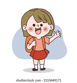 De vuelta al concepto de la escuela. arte doodle. Una niña feliz yendo a la escuela. personaje de caricatura vectorial