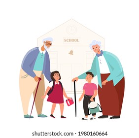 Back to School Concept.Happy Grandmother,Grandfather go to the 1st school day with grandchildren. Pupils Kids children walk to study,grandparents. Flat vector illustration isolated on white background