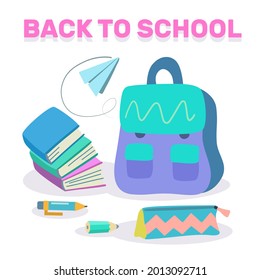 Back to school conceptual illustration with paper airplane, bag, pen and pencil and books. 
