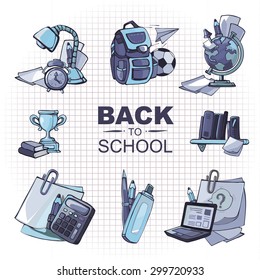 Back to School. Conceptual monochrome icons set with school elements isolate on white background