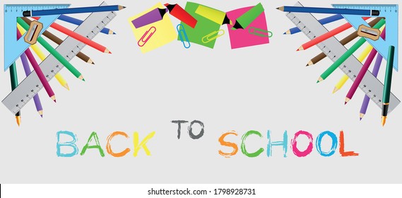 Back to school concept.Vector illustration of school accessories,school supplies on gray background and text.graphic elements for poster or website banner.