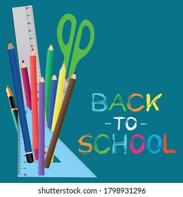 Back to school concept.Vector illustration of school accessories,school supplies on blue background and text.graphic elements for poster or website banner.