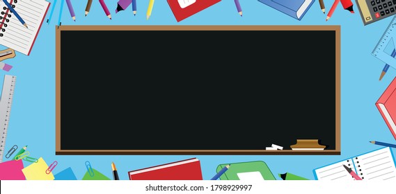 Back to school concept.Vector illustration of a black chalkboard and school supplies on a blue background,space for text,graphic elements for poster or website banner.