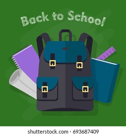 Back to school. Contemporary blue-green backpack with two pockets and school objects behind. Violet notebook, dark blue book, ruler, list of paper on green background. Flat design. Vector illustration