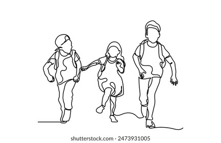 Back to school, continuous line drawing of Schoolchildren boy and girl going to school.kindergarten Backpack, child, education, bag students black and white background.
