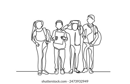 Back to school, continuous line drawing of Schoolchildren boy and girl going to school. other.kindergarten Backpack, child, education, bag students black and white background.
