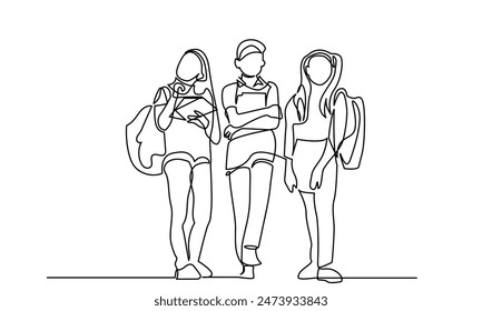 Back to school, continuous line drawing of Schoolchildren boy and girl going to school.other.kindergarten Backpack, child, education, bag students black and white background.
