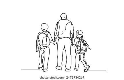 Back to school, continuous line drawing of Schoolchildren boy and girl going to school with father.other.kindergarten Backpack, child, education, bag students black and white background.
