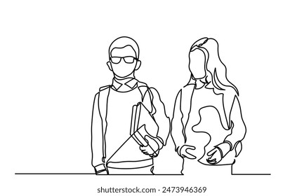Back to school, continuous line drawing of boy and girl going to school.kindergarten Backpack, child, education, bag students black and white background.
